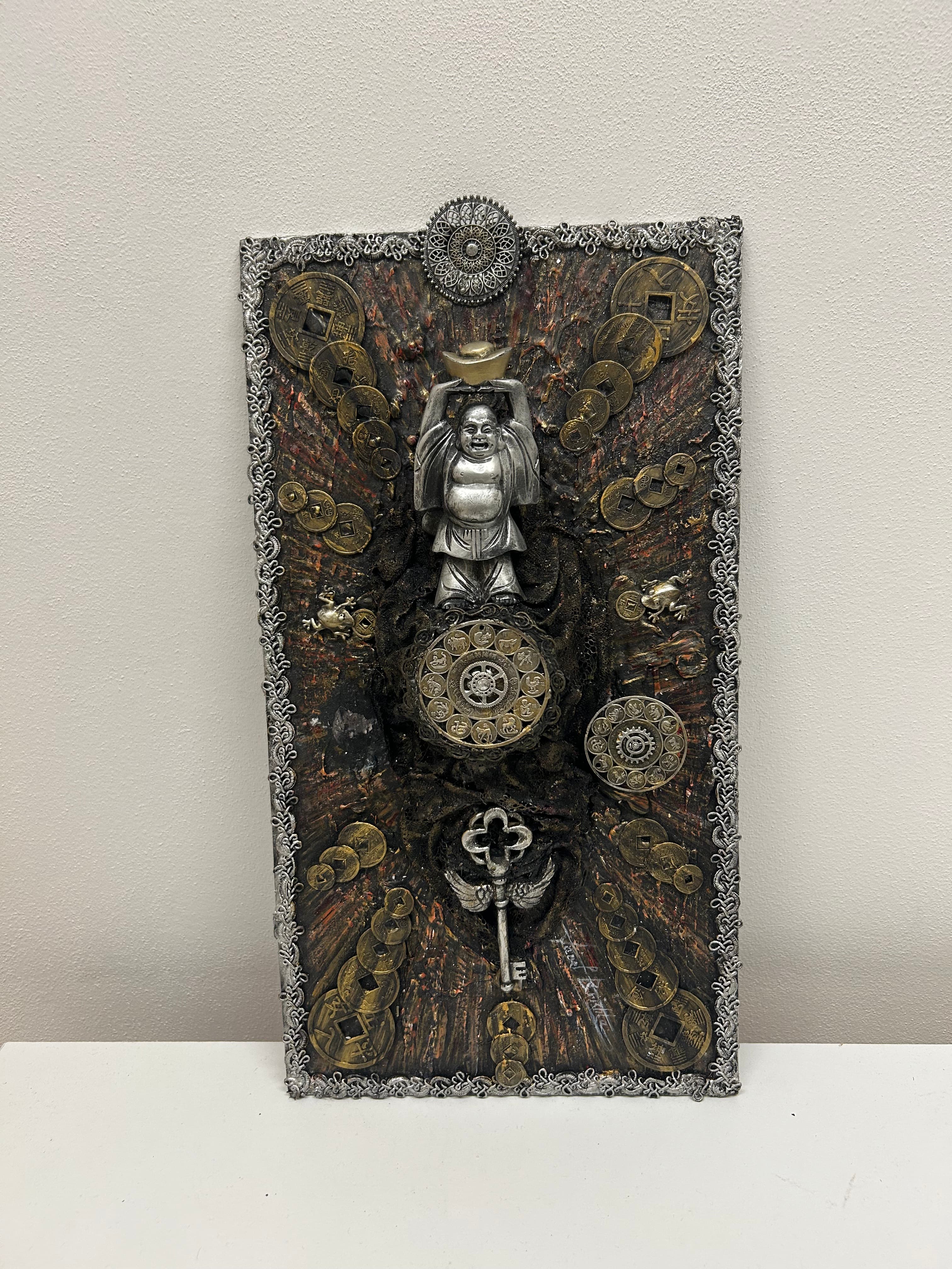 Feng shui panel — Buddha s čínými mincemi